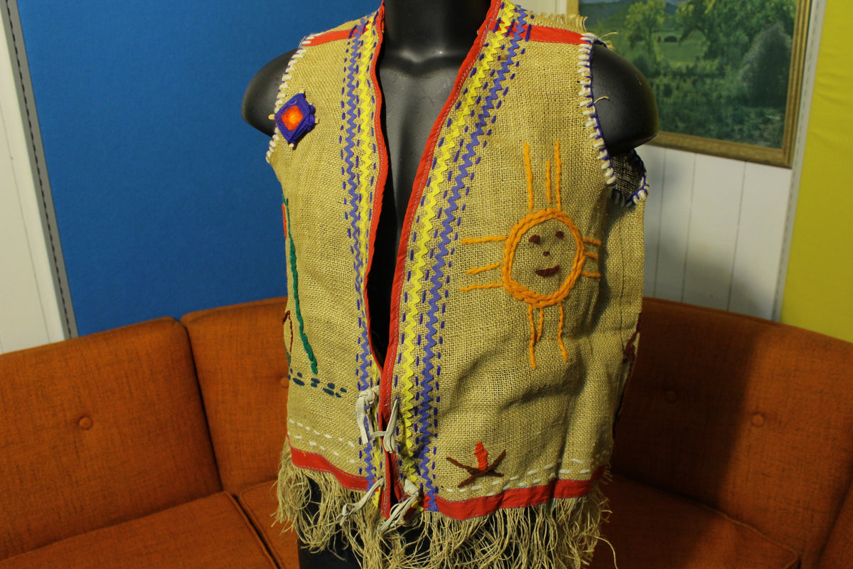 Burlap Native American Swastika Vintage Handmade Campfire Vest. Bigfoot.