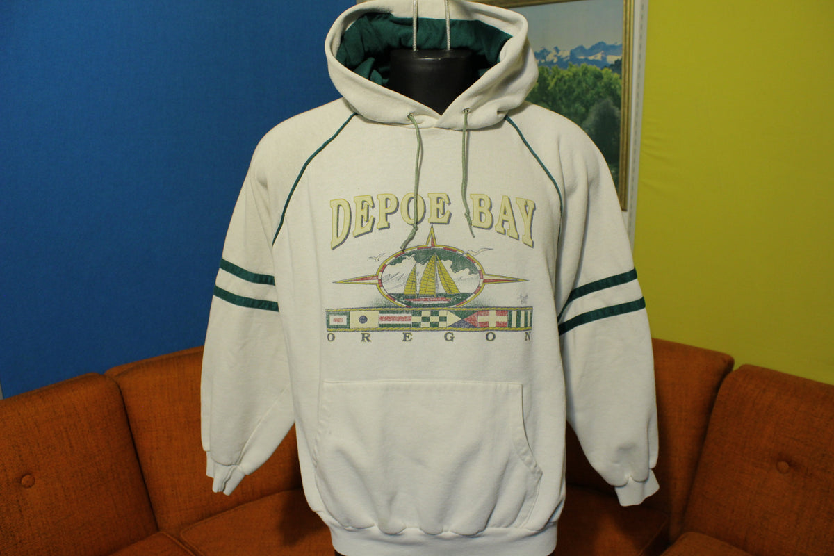 Depoe Bay Oregon Striped Vintage Hoodie Sweatshirt USA Made  80s Tourist Pullover