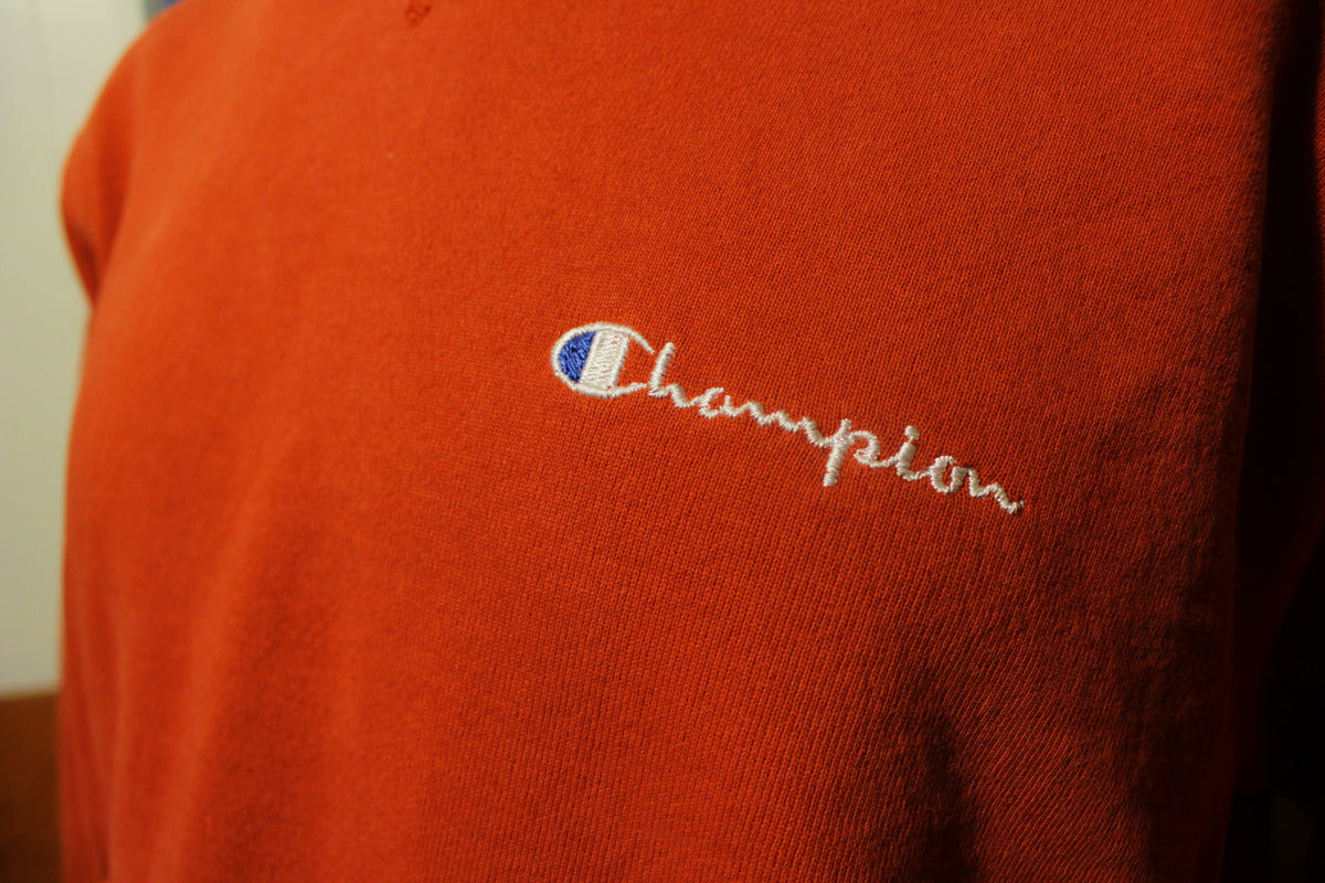 Champion Vintage Blue Bar Faded Red Embroidered USA Made Hoodie Sweatshirt 80's