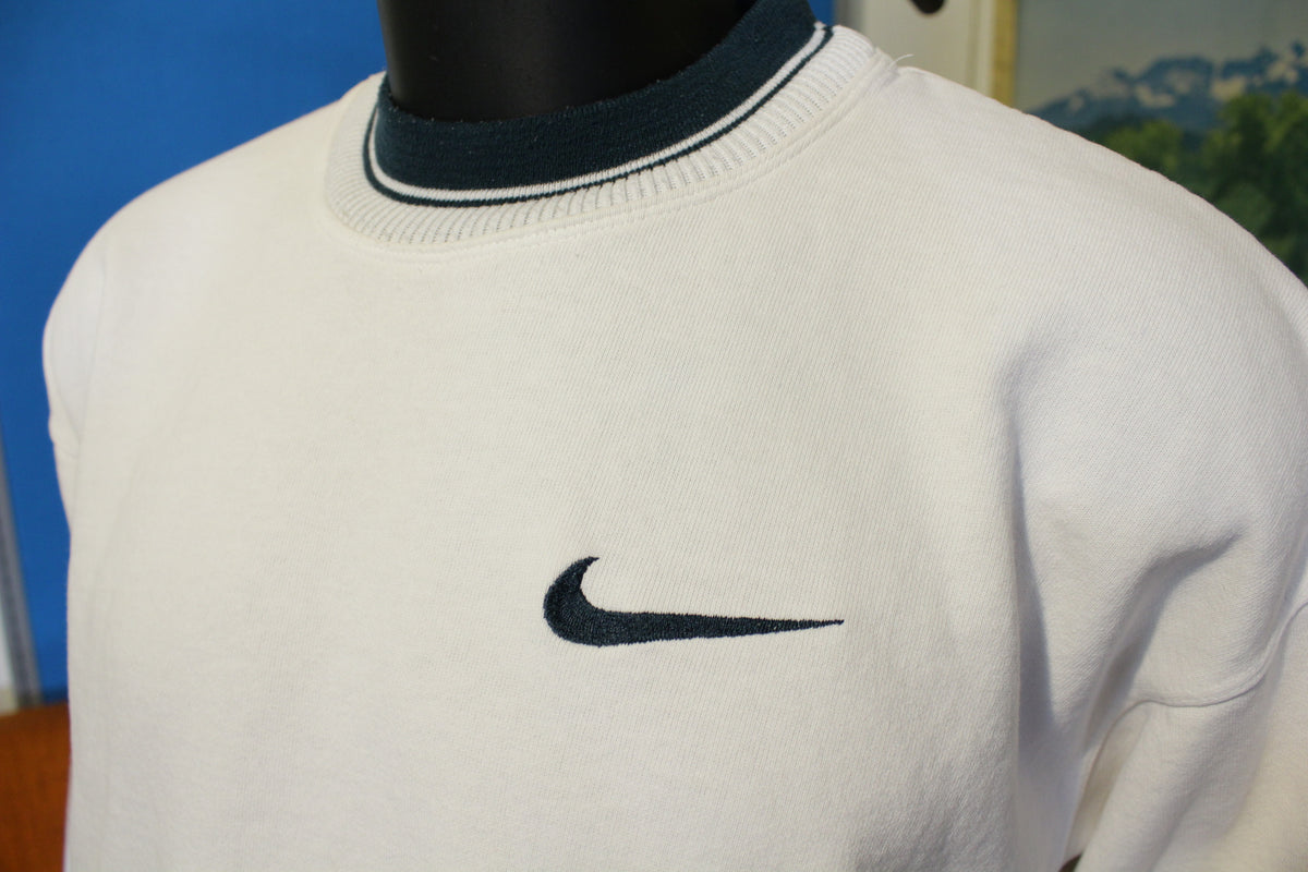 Nike Swoosh Embroidered Logo Crewneck Vtg 90s Striped Trim Sweatshirt Tag