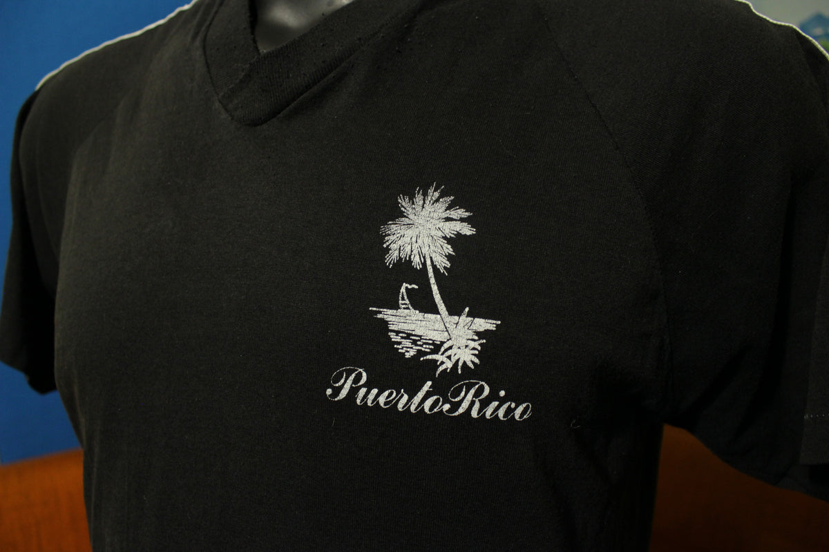 Puerto Rico Vintage 80's V-Neck Striped Short Sleeve Black T-Shirt