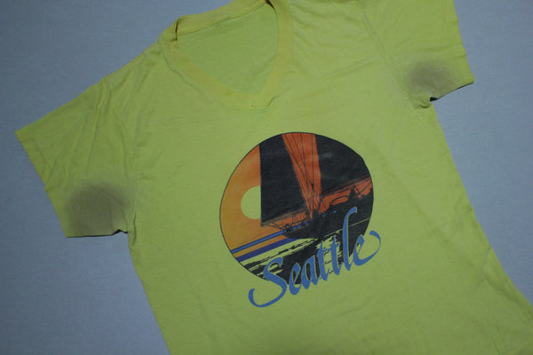 Seattle Puget Sound Sunset Sailboat Vintage 80's V-neck Destroyed Single Stitch T-Shirt
