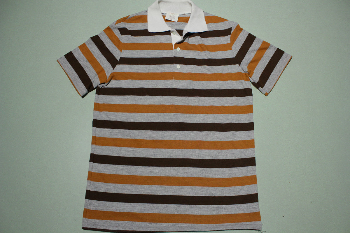 Brown Striped 1980's White Collar Polo Shirt
