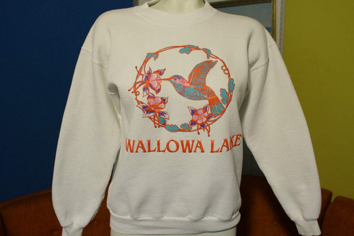 Wallowa Lake Hummingbird 80's Cotton Blend Crewneck Puff Paint Print Sweatshirt