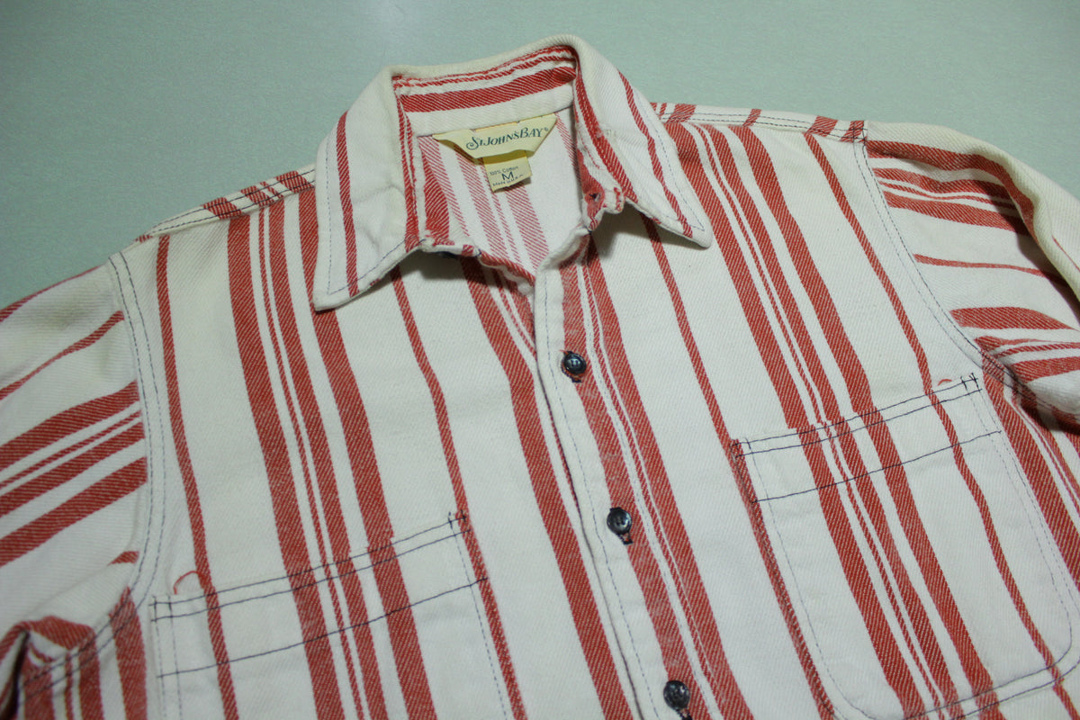 St John's Bay Vintage 90's Made in USA 100% Cotton Red White Striped Work Shirt