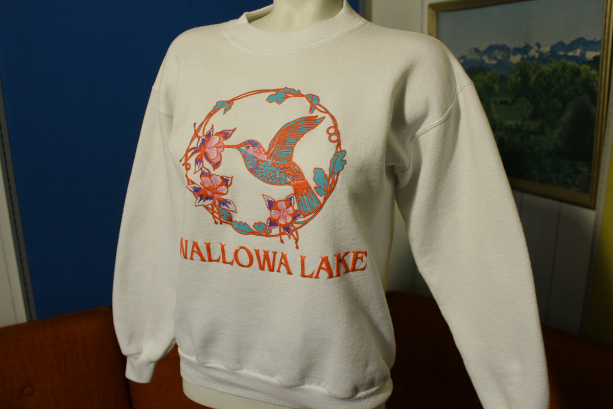 Wallowa Lake Hummingbird 80's Cotton Blend Crewneck Puff Paint Print Sweatshirt