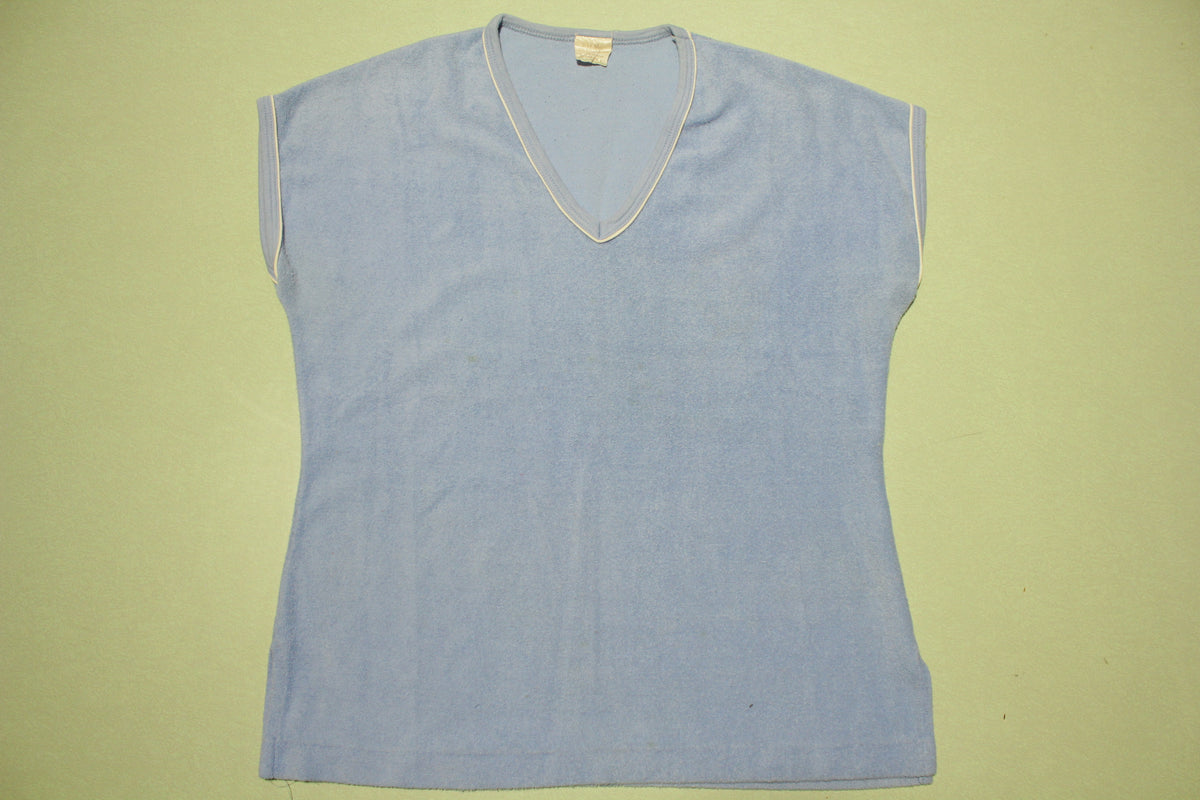 Blue Vintage 80s Color Block Terry Cloth Womens Top