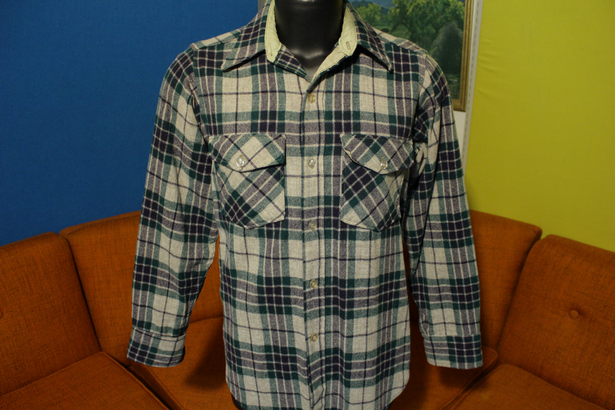 Woolrich Vintage Plaid Checker Flannel Wool Blend Button 60s 70s 80s Shirt USA