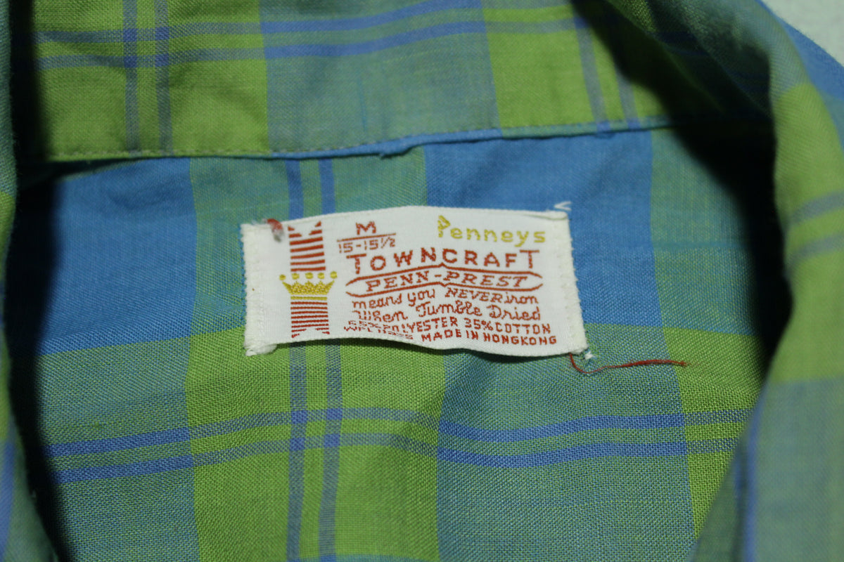 Towncraft Penneys Penn Prest Loop Collar Blue Green Plaid Vintage 60s Button Up Shirt