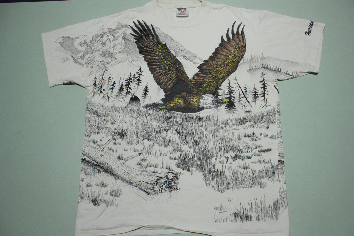 Hurricane Ridge Flying Bald Eagle All Over Print Habitat Scene Vintage 90s USA T-Shirt