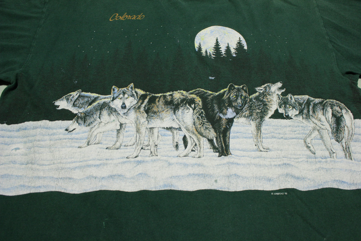 Colorado Wolf Pack Paint Splattered Habitat Scene Vintage 90s USA T-Shirt