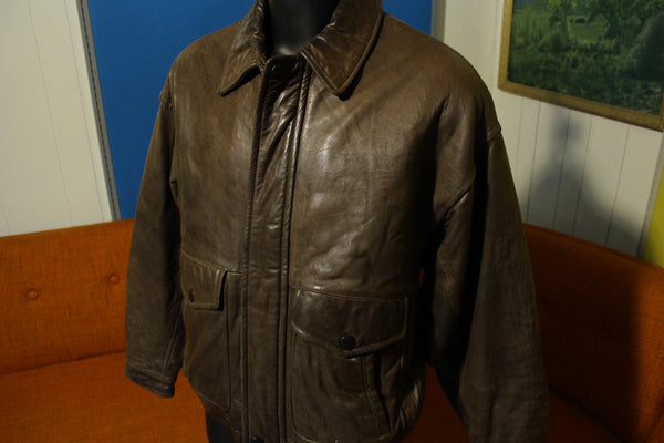 Nautica Soft Dark Brown Leather Flight Bomber Jacket XL Plaid Flannel Lined Vtg