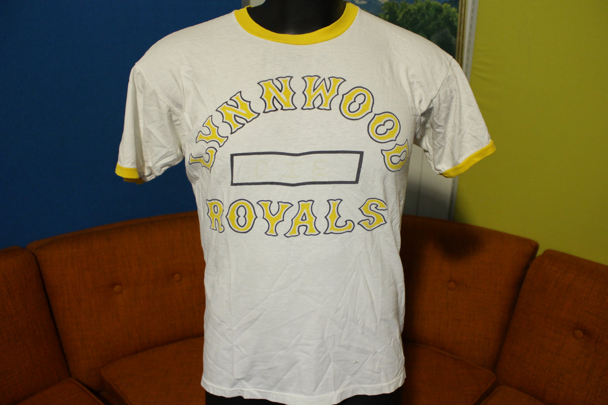 Lynnwood Royals Vintage 80's Champion Blue Bar Ringer Distressed Gym Shirt
