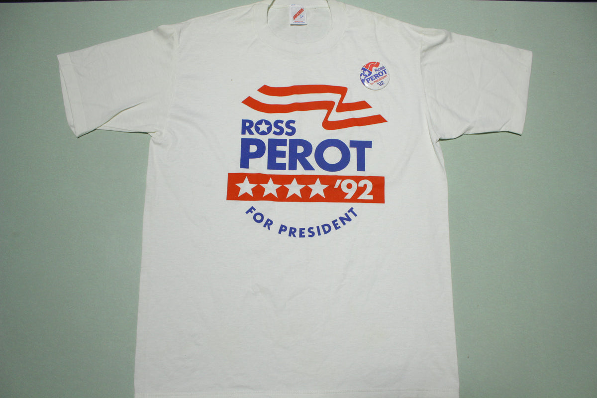Ross Perot 1992 For President Clinton Bush w/ Campaign Button Vintage 90s T-Shirt