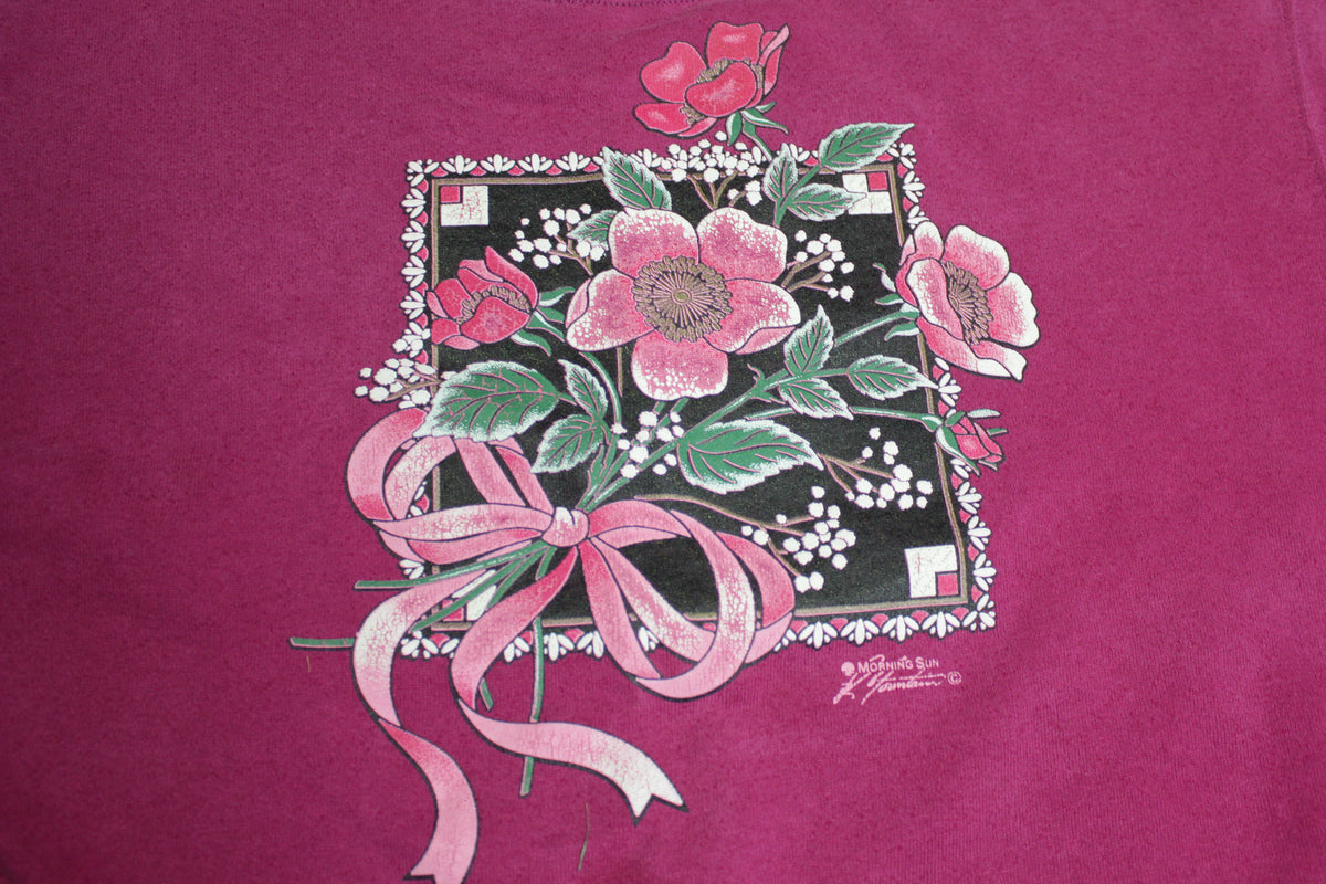 Morning Sun Vintage Flower Floral Mock Turtle Neck Collar 80's Grandma Sweatshirt