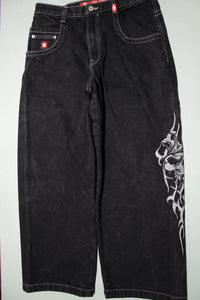 JNCO Men's 90s Rave Emo Skater Jeans 34x30 Tribals Big Crown Pockets Black Wide Leg
