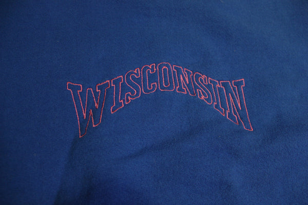 Wisconsin Vintage Nutmeg Mills Made in USA Blue Pink Block Spellout Crewneck 90's Sweatshirt