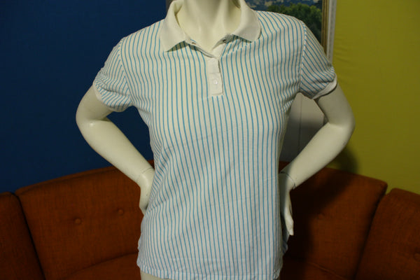 Chris Allan Sport Vintage 80's Turquoise Striped Women's Polo Top Tennis Shirt