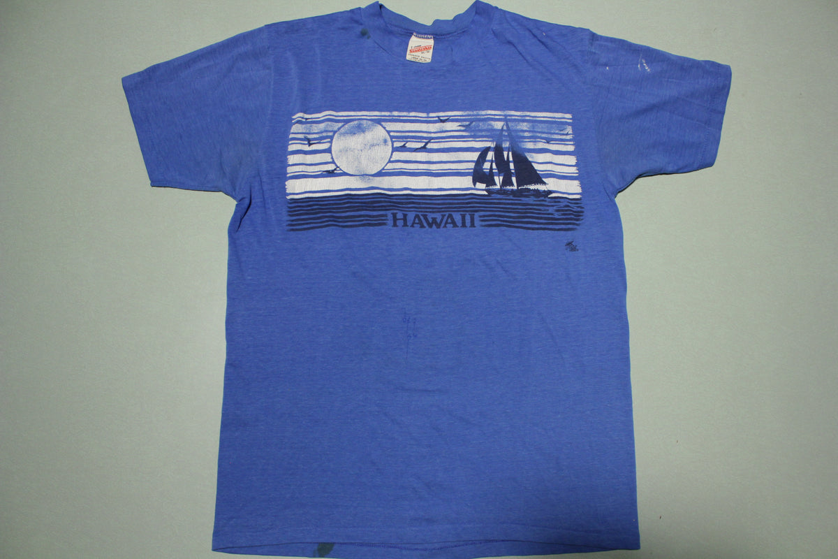 Sunstrokes Hawaii T-Crew 50/50 Vintage 80s Boat Bird Sunset Paper Thin T-Shirt