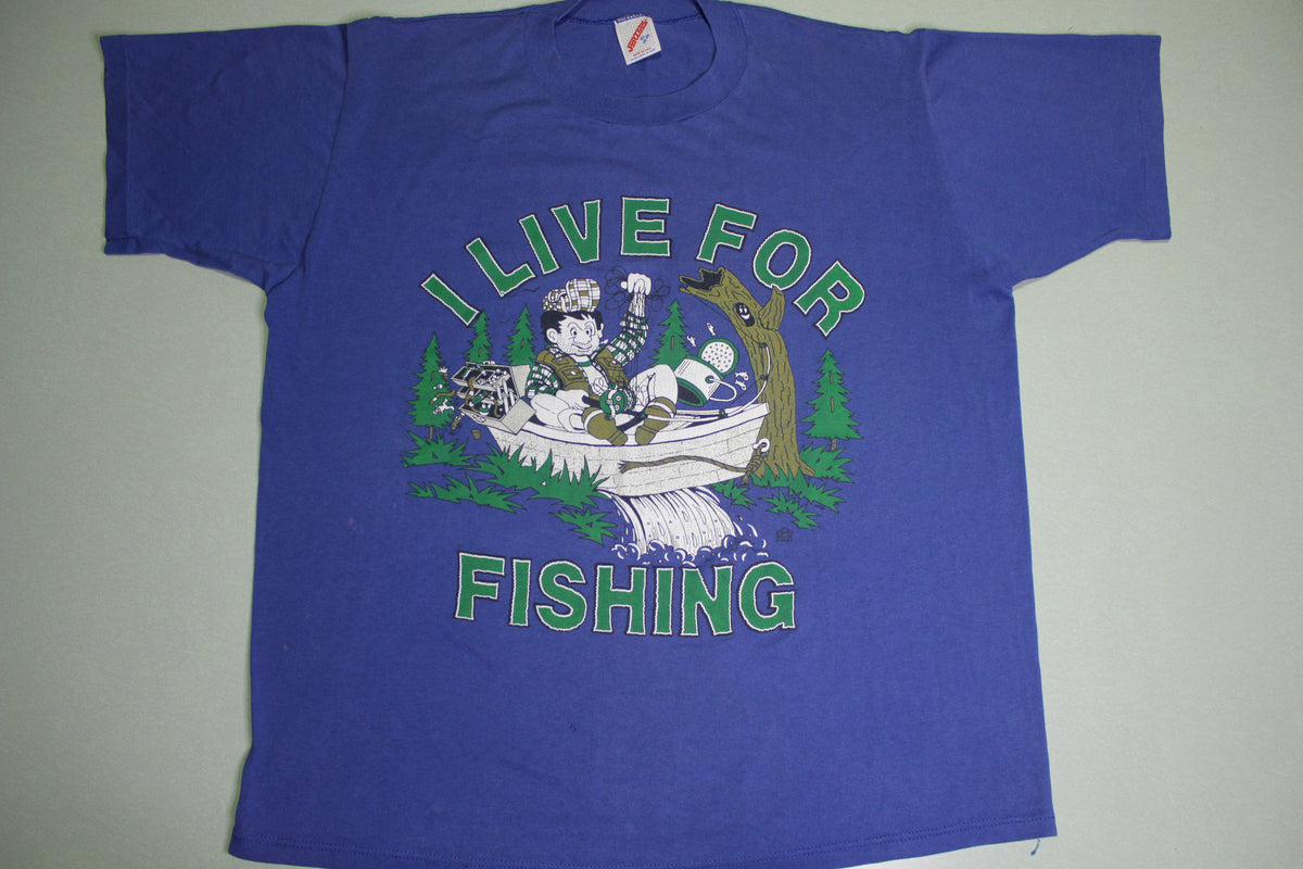 I Live For Fishing Vintage 80's Jerzees Made in USA Outdoorsman T-Shirt