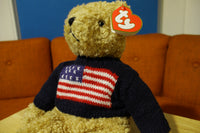 TY Curly 1990 Rare Beanie Baby Ralph Lauren USA Flag Sweater Plush Teddy Bear