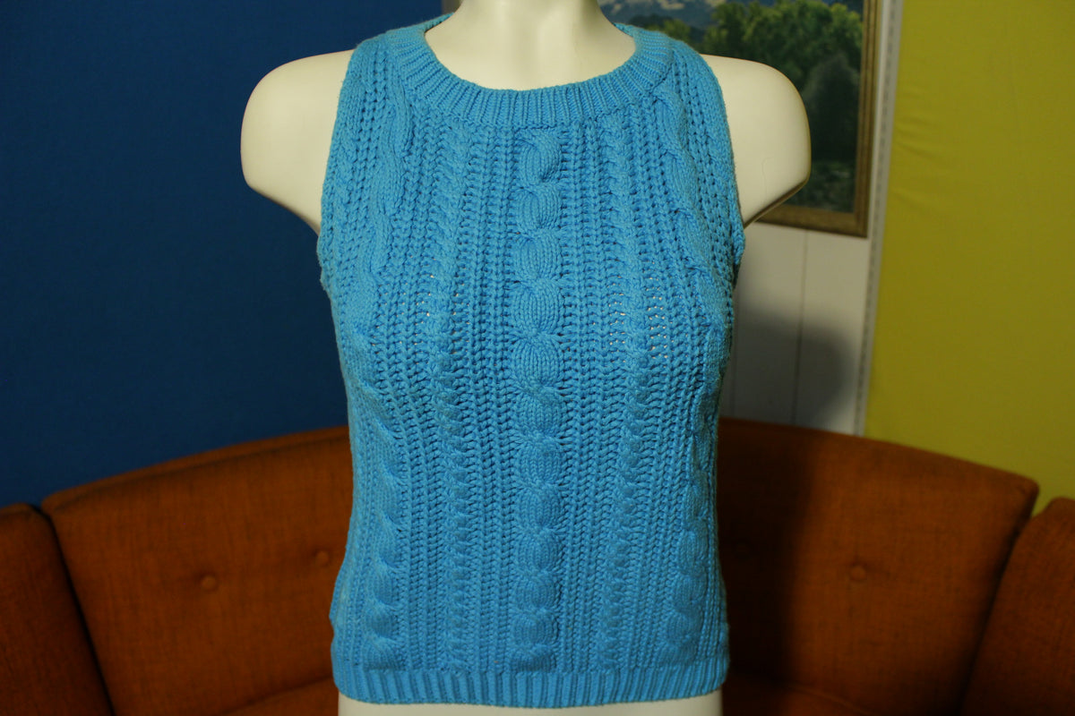 Jeanne Pierre Vintage 80's Blue New Wave Cable Knit Women's Top Sleeveless Shirt