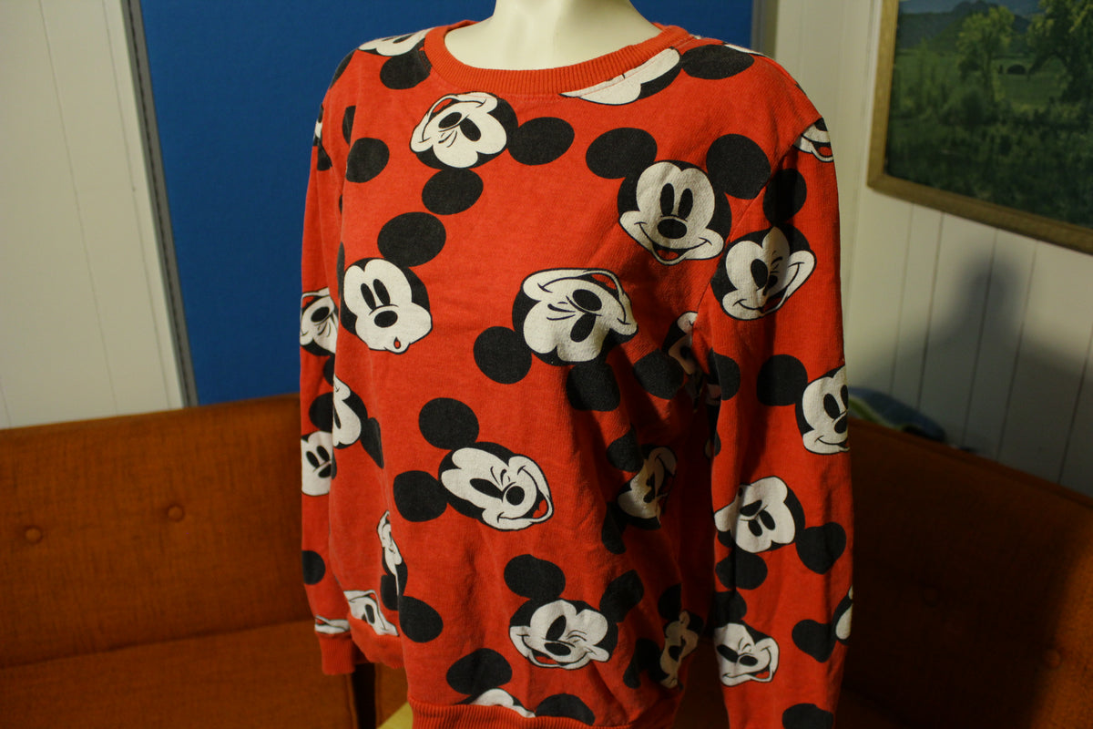 Mickey Mouse Disney All Over Print Red Vintage Funny Faces Cartoon Sweatshirt.