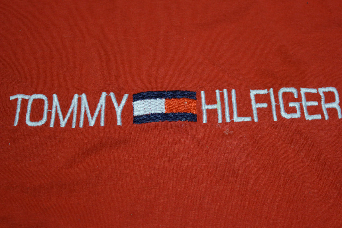 Tommy Hilfiger Vintage Embroidered Block Logo 90s Single Stitch Red T-Shirt