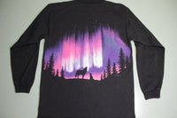 Alaska Howling Wolf Northern Lights Forest Nature Vintage 90's Long Sleeve T-Shirt