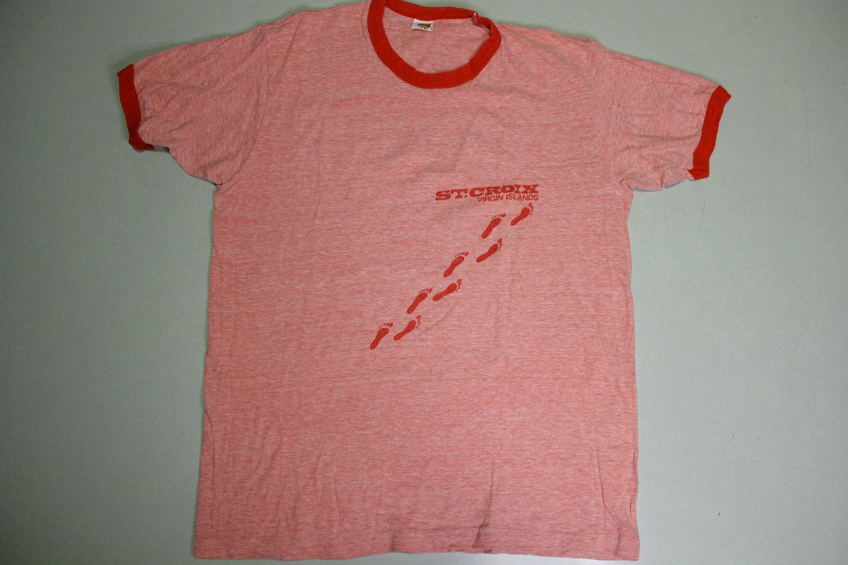 St. Croix Virgin Islands Vintage 80's Heathered Red Ringer Footprints T-Shirt