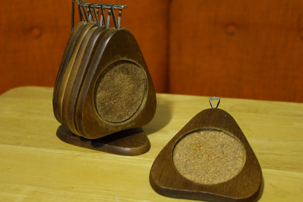 Pear Avocado Shape Vintage 70s 80s Wooden Coasters With Stand & Cork Insert